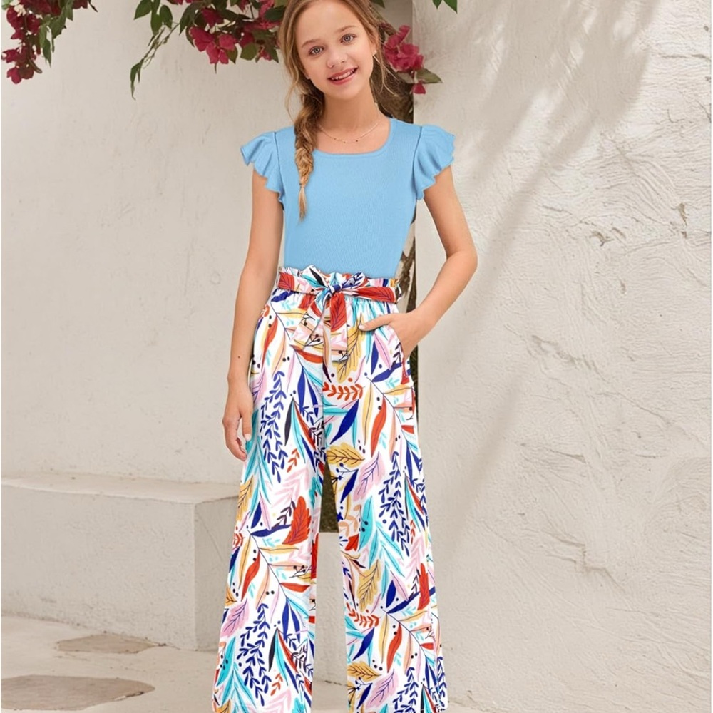 Girls summer fun Blue Top and Colorful Print Pants Set soft beachy vibes